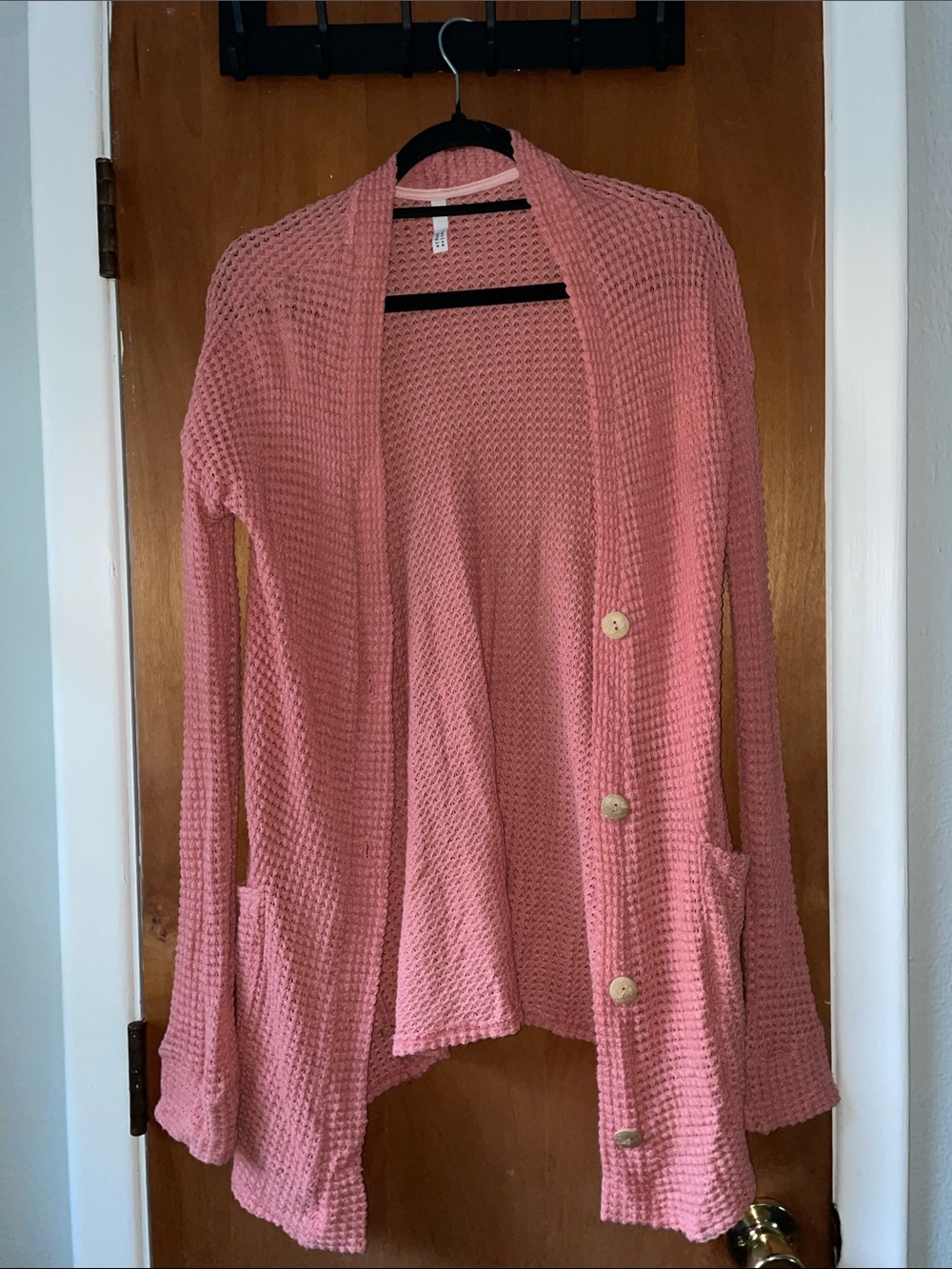 Waffle-Knit Button-Front Cardigan in Dusty Pink